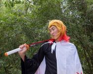 Miecz Wakizashi Krótka Katana Demon Slayer Kyojuro Rengoku's Drewniany 77cm plus Stojak i Pas JT10656-W - 11