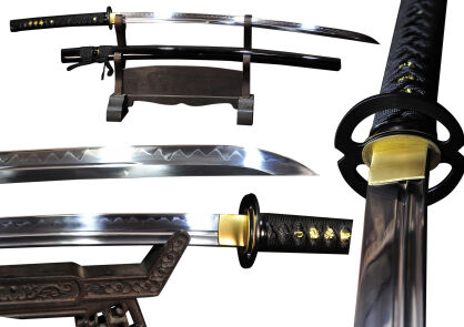 Ekstra Mocny Miecz Katana 61-62 HRC stal 1095 Hartowany Glinką Naturalny Hamon + STOJAK  BL777