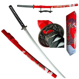 Miecz Katana Ostrze Bambusowe Czerwony Smok z Pochwą i Stojakiem HK1137WD