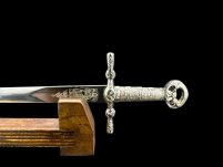 Ekskluzywny NOŻYK DO LISTÓW MINIATURKA HISTORYCZNY MIECZ KRZYŻOWCÓW ZE STALI TOLEDAŃSKIEJ 27 CM PLUS STOJAK (12) - 6