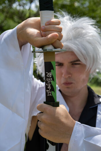 Miecz Wakizashi Krótka Katana Demon Slayer Sanemi Shinazugawa's Drewniany 77cm plus Stojak i Pas JT10657-W