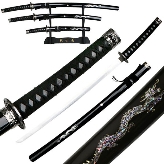 Satz von 3 Samurai SCHWERTER MIT STAND in maroon Scheide (JS-697R)